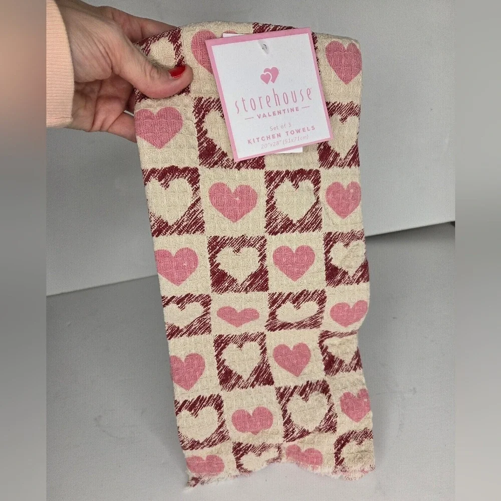 Storehouse‎ Pink And Red Heart Checkered Pattern Kitchen Hand Towels Valentine